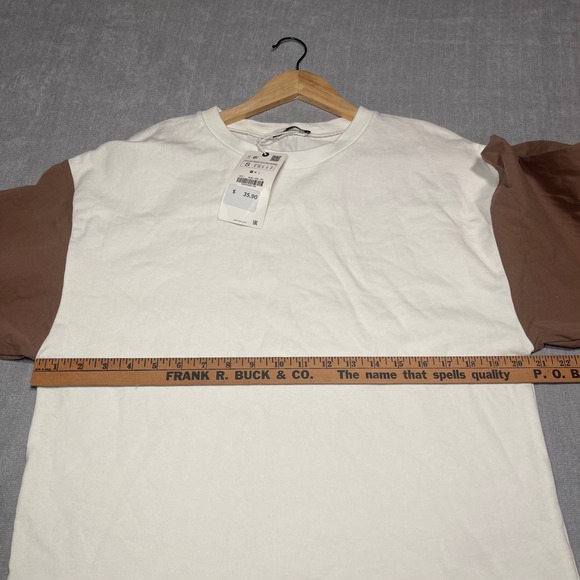 ZARA Colorblock Long Sleeve T-Shirt White Brown Women's Size S Soft Crewneck - Picture 6 of 9